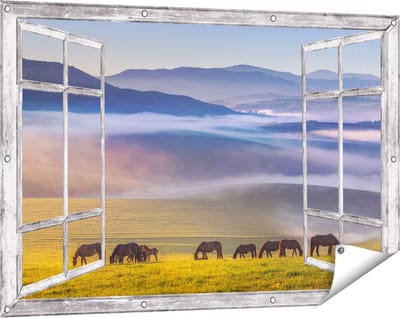 Gards Tuinposter Doorkijk Kudde Wilde Paarden in de Wei bij Heuvels - 120x80 cm - Tuindoek - Tuindecoratie - Wanddecoratie buiten - Tuinschilderij