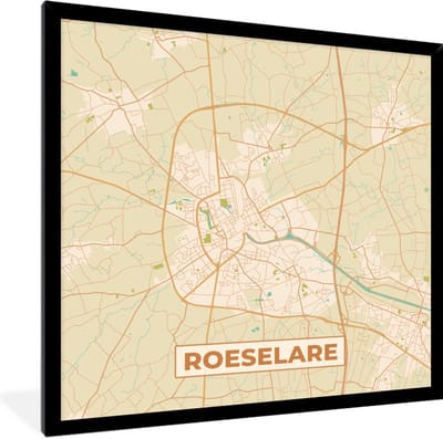 Fotolijst incl. Poster - Kaart - België - Stadskaart - Roeselare - Plattegrond - 40x40 cm - Posterlijst