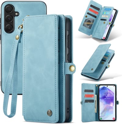 Casemania Hoesje Geschikt voor Samsung Galaxy A55 - Aqua Blue - 2 in 1 Portemonnee Book Case met Extra Vakken