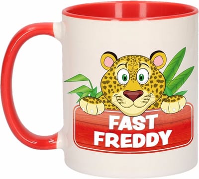 Fast Freddy mok - rood/wit - keramiek - 300 ml - kinder beker luipaard