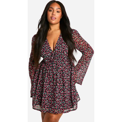 boohoo Dames Plus Geweven Bloemen Milkmaid Skaterjurk | Zwart | Maat: 44