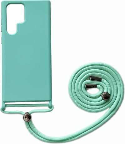 Casemania Hoesje Geschikt voor Samsung Galaxy S22 Ultra - Turquoise - Siliconen Back Cover met Koord - Telefoonhoesje met Koord - Crossbody Lanyard Cord Case
