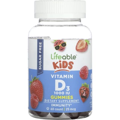 Lifeable, gommes à la vitamine D3 pour enfants, sans sucre, baies naturelles, 25 mcg (1 000 UI), 60 bonbons