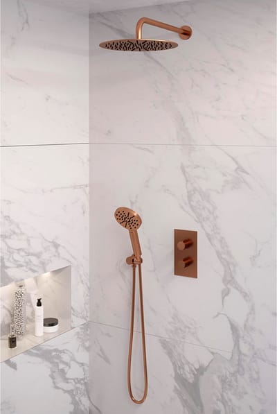 Brauer Copper Edition thermostatische inbouw regendouche 3-weg omstelling SET 34 met 30 cm douchekop en gebogen muurarm en 3-standen handdouche en doucheslang en wandaansluitbocht koper geborsteld PVD