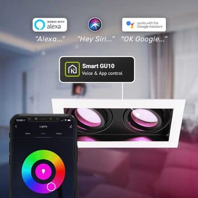 HOFTRONIC - Set van 6 Durham Dubbel Smart Inbouwspots vierkant Wit - GU10 - 10 Watt 690 Lumen - RGB WW (16,5 miljoen kleuren) - WiFi + Bluetooth - Kantelbaar - Diameter 100x185mm - Smart spotjes 2 lichts