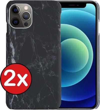 Hoesje Geschikt voor iPhone 12 Pro Hoesje Marmer Hardcover Fashion Case Hoes - Hoes Geschikt voor iPhone 12 Pro Marmer Hoesje Hardcase Back Cover - Zwart - 2 PACK