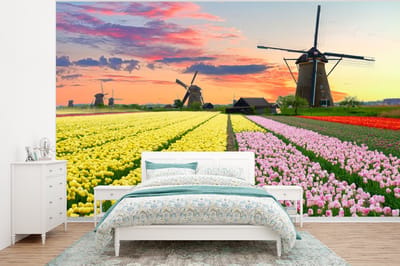 Behang - Fotobehang Windmolen - Tulpen - Bloemen - Nederland - Breedte 400 cm x hoogte 300 cm