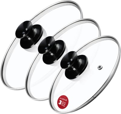 KADAX Pandekselset, universeel deksel van glas met handvat, hittebestendige dekselset in verschillende maten, pannendekselset, glazen deksel voor pot, pan (22 + 26 + 30 cm, glanzend zwart handvat)