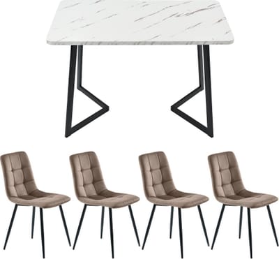 Eetset Eettafel met 4 stoelen Keukentafel set Zwarte tafelpoten Bruin Fluweel Eetkamerstoel
