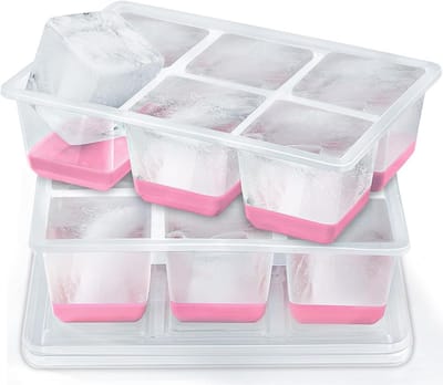 6CM Ijsblokjesvorm met Deksel, Groot en Transparant, JRISBO Siliconen Ijsblokjesvormen BPA-vrij en Gemakkelijk te Openen, XXL Grote Ijsklontjes Vorm Ice Cube Tray Ijsblokje Ijsvorm (2 ROZE)