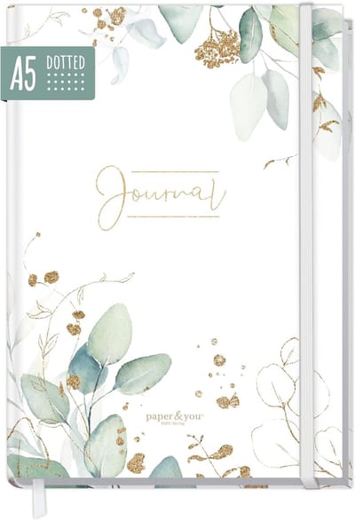 SnelShoppen - Dotted Journal A5 Notitieboek Gestippeld met Elastiek en Leeslint - Duurzaam & Klimaatvriendelijk - 156 Genummerde Pagina's - Bladgoud -