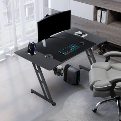 140 x 60 cm, Gamingtafel, stabiele computertafel, pc-tafel, zwart, met bekerhouder en koolstofvezelcoating, 2 openingen voor kabel, gamertafel, gamingtafel, bureau, zonder led
