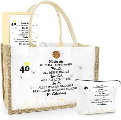 Jute Tas met Makeup Tas en Kaart voor 40e Verjaardag, Duurzaam Cadeau voor Vrouwen, Moeders en Vriendinnen