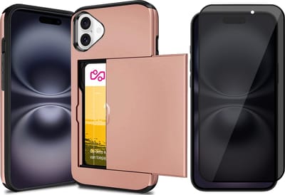 Hoesje met Pasjeshouder geschikt voor iPhone 16 - Privacy Screen Protector FullGuard - Back Cover SlideCase Roségoud & Screenprotector
