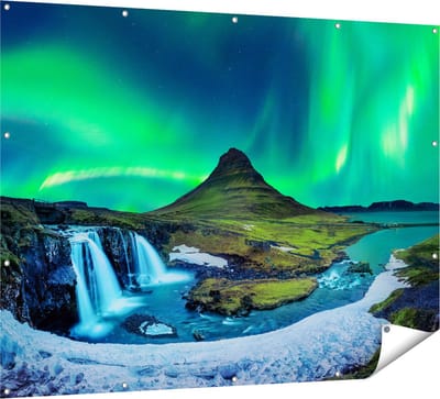 Gards Tuinposter Noorderlicht bij de Watervallen in IJsland - 160x120 cm - Tuindoek - Tuindecoratie - Wanddecoratie buiten - Tuinschilderij