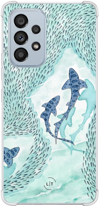 Shockproof hoesje - Geschikt voor Samsung Galaxy A53 - Baby shark - Extra sterke case - TPU/polycarbonaat - Print / Illustratie - Blauw, Transparant