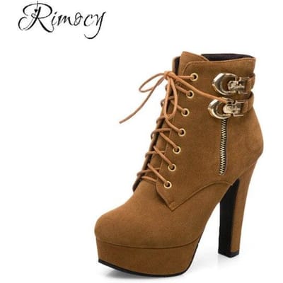 Rimocy Nieuwe Herfst Enkelboots Voor Dames Platform Hoge Hakken Schoenen Vrouw Gesp Korte Booties Casual Faux Suède Schoenen 41 bruin