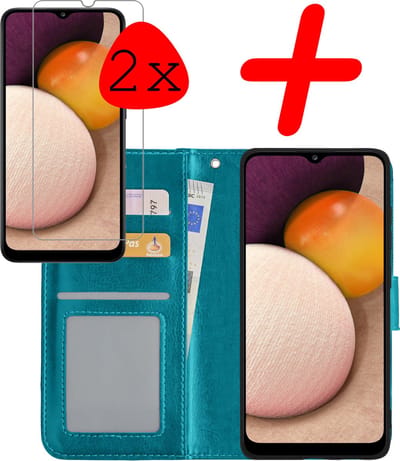 Hoesje Met 2x Screenprotector - Geschikt voor Samsung Galaxy A02s - Luxe Pasjeshouder - Bookcase Portemonee - Flip Case - Kunstleer Book Case - Flipcase Hoes - Book Cover - Walletcase - Portemonneehoes - Turquoise