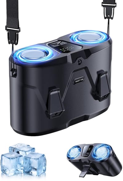 Dubbele motor oplaadbare tailleventilator zwart - 25000 RPM hoge snelheid nekclip ventilator met 10 standen, LED-display en zaklamp, handsfree voor werk, buiten en reizen