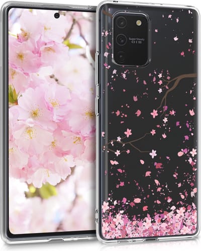 kwmobile telefoonhoesje geschikt voor Samsung Galaxy S10 Lite - Hoesje voor smartphone in poederroze / donkerbruin / transparant - Kersenbloesembladeren design