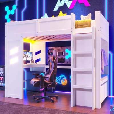 Hoogslaper - 90x200 cm - Gaming Ontwerp Met Bureau - LED en USB-C - Metaal - Wit