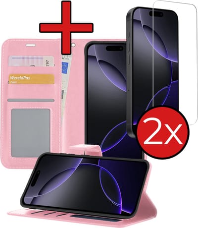 Hoesje - Met 2x Screenprotector - Geschikt voor Apple iPhone 16 Pro - Luxe Pasjeshouder - Flip Case - Bookcase Portemonee - Kunstleer Book Case - Flipcase Hoes - Book Cover - Walletcase - Portemonneehoes - Telefoonhoes - Lichtroze
