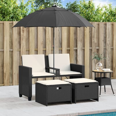 vidaXL - Tuinbank - 2-zits - met - parasol - en - voetenbanken - poly - rattan - zwart