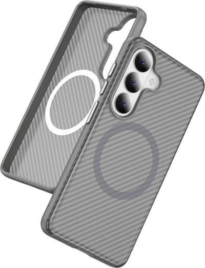 Casemania Hoesje Geschikt voor Samsung Galaxy S26 - Grijs - Magnetishce Back Cover met Carbon Fiber Print - Bescherming Telefoonhoesje Geschikt voor MagSafe