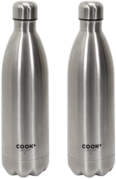 Cook Concept Travel drinkfles voor warme en koude dranken - 2x - zilver - roestvrij staal - met schroefdop - 1000 ml
