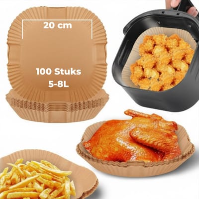 SNJY® Airfryer Bakpapier - Airfryer Wegwerpbakjes - Airfryer Bakjes Papier - Vierkant - 100 Stuks - 20x20 cm - 5-8L - Bruin
