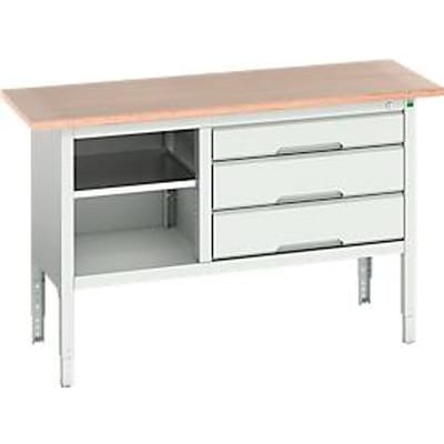 Werkbank Bott verso, multiplexplaat, 3 laden & 1 legbord, B 1500 x D 600 x H 830 - 930 mm, RAL 7035 lichtgrijs