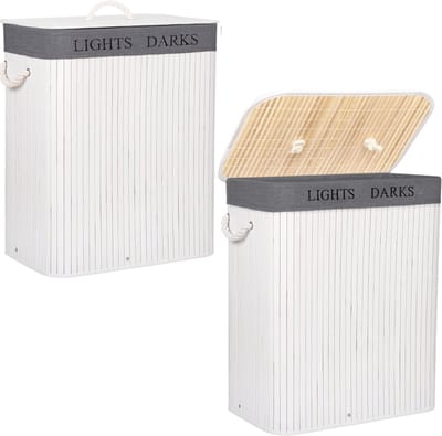Springos Wasmand | 100L | Bamboe | Wit/Grijs