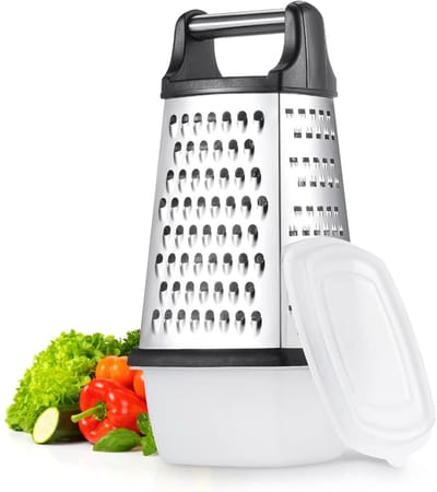 GELLDG Keukenrasp - Roestvrij staal - Kaasrasp - Vierzijdige rasp met opvangbak - Beschikt over grove, middelgrote, fijne en snijfuncties - Geschikt voor groenten, kaas en andere ingrediënten.