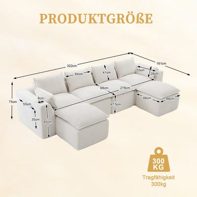 OKWISH Hoekbank 322 x 161 cm - Modulair 4-Zits Met 2 Hockers En Zijvakken - Voor Woonkamer En Kantoor - Ribstof - Beige