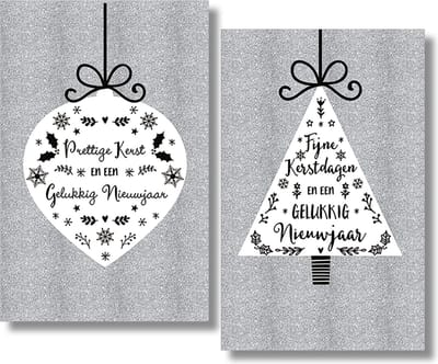 40 Kerstkaarten - Folie - Witte envelop - 10,5 x 16 cm - 2 motieven