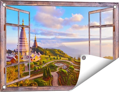 Gards Tuinposter Doorkijk Pagode Tempels in de Inthanon Berg in Thailand - 60x40 cm - Tuindoek - Tuindecoratie - Wanddecoratie buiten - Tuinschilderij