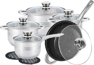 Royal Swiss - Pannenset inductie 12-delig - Glazen Deksel - RVS Pan / Steelpan / Koekenpan - PFAS-vrij