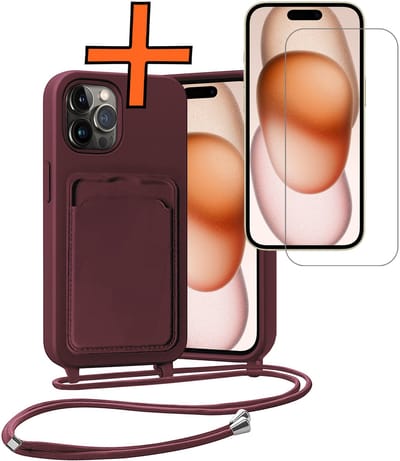 Hoesje Geschikt voor iPhone 14 Pro Hoesje Met Telefoonketting Pasjeshouder Case Met Screenprotector Koord - Hoesje Geschikt voor iPhone 14 Pro Hoes Met Kaarthouder - Aubergine