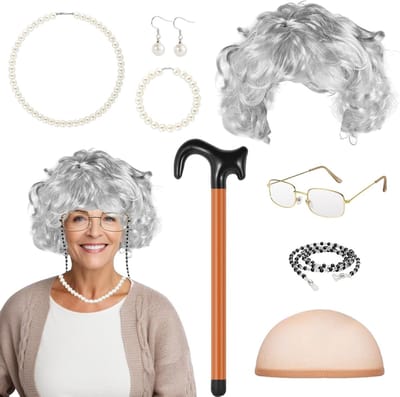7-delige Kostuum voor Oudere Vrouw met Peruk, Oorbellen, Ketting en Armband voor Halloween, Carnaval en Cosplay