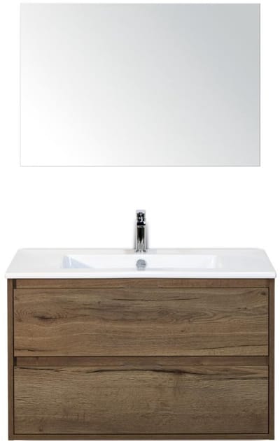 Porto Badmeubelset 90 cm - Tabacco - Keramische Wastafel Wit Slim met Spiegel