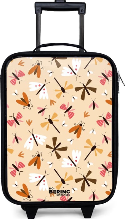 NoBoringSuitcases.com® - Kinderkoffer jongen - Kindertrolley meisje - Insectenpatroon in bruin, roze en oranje op beige achtergrond - Koffer kind lichtgewicht - Reiskoffer trolley voor kinderen - Koffertje met lichtgevende wieltjes - Rolkoffer zwart