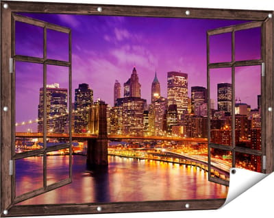 Gards Tuinposter Doorkijk Skyline New York van Centrum in het Paars - 120x80 cm - Tuindoek - Tuindecoratie - Wanddecoratie buiten - Tuinschilderij