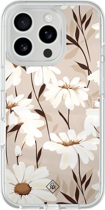 Casimoda® hoesje - Geschikt voor iPhone 16 Pro - In Bloom - 2-in-1 case - Schokbestendig - Bloemen - Verhoogde randen - Bruin/beige, Transparant