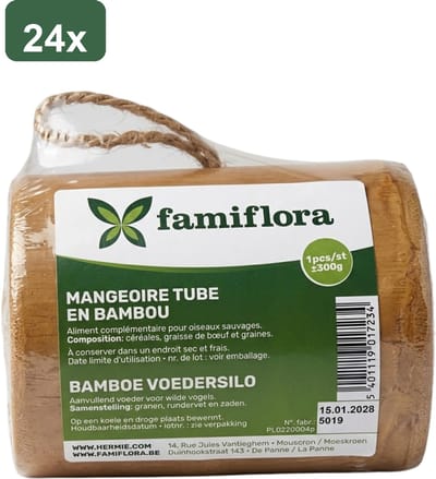 Famiflora gevulde voedersilo voor buitenvogels - 24 stuks (7.2KG) - Bamboe - +/- 300g per stuk - Voor tuinvogels - Gemaakt van natuurlijk bamboe - Gevuld met maïs en pinda's - Klaar om op te hangen