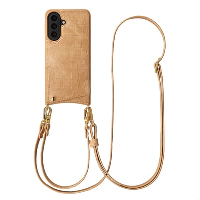 Selencia Hoesje - Geschikt voor Samsung Galaxy A57 (5G) - Croco Backcover met koord en pashouder - Toasted Almond