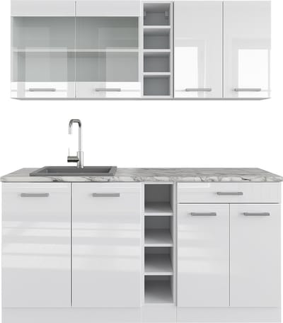 Vicco R-Line Eenpersoonskeuken – 160 cm, WB Marmer Wit hoogglans/wit
