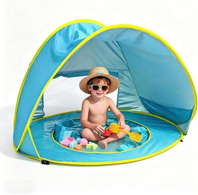 Opvouwbare strandtent voor baby's met UV-bescherming 50+, ideaal voor strand, tuin en camping, inclusief zwembad en zandschelp, blauw