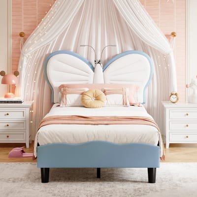Kinderbed 90x190 – Vlinder Hoofdbord met Verlichting – Fluweel Blauw