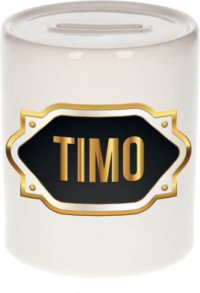 Spaarpot met voornaam Timo - wit - met goud/zwart embleem - 8 x 9 cm - keramiek - met afsluitdop - cadeau verjaardag