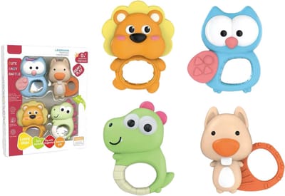Playos® - Rammelaar - Set van 4 - Bijtringen - Dieren - Bijtspeelgoed - Baby Speelgoed - Stimuleringsspeelgoed - Kraamcadeau